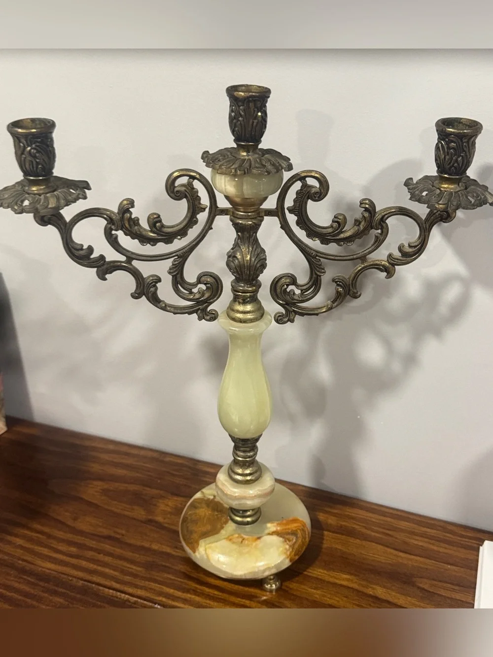 Antique Brass and Cream Marble 3-Arm Candelabra